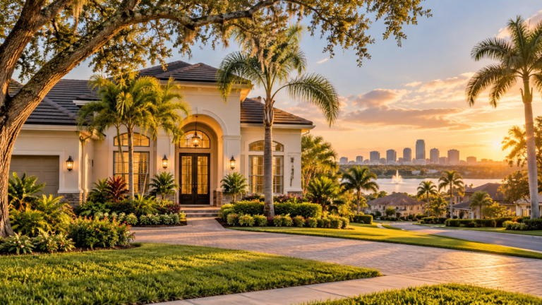 Central Florida home in greater Orlando with palm trees,lake views and Orlando skyline at sunset